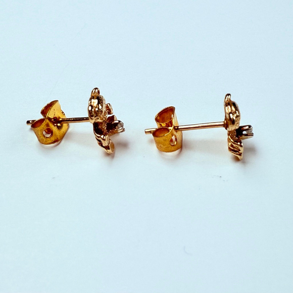 14K Solid Yellow Gold Genuine Diamond Solitaire Teddy Bear Stud Earrings - Picture 3 of 9